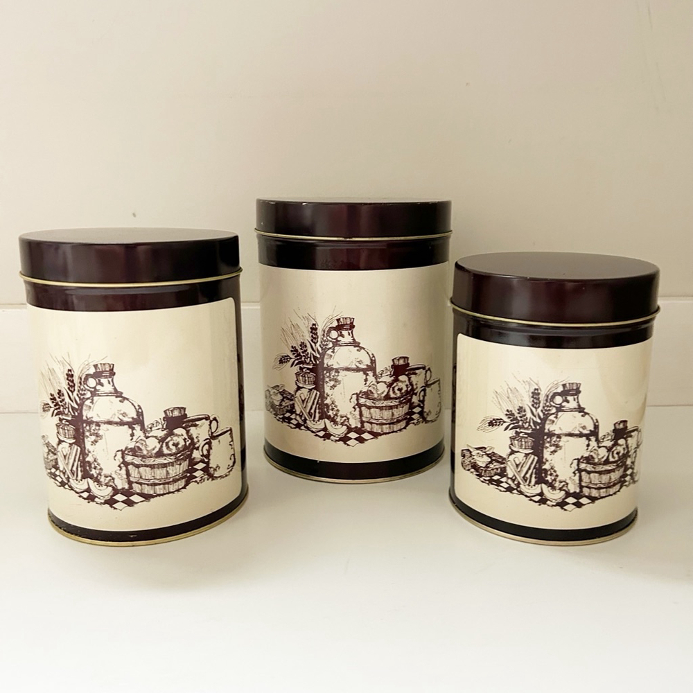 Vintage Mid-Century Set of 3 Cream and Brown Tin Kitchen Canisters Cottagecore